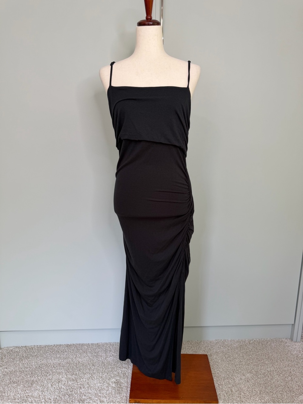 ANTHROPOLOGIE Side Ruched Lace Up Back Form Fitting Maxi Dress in Black